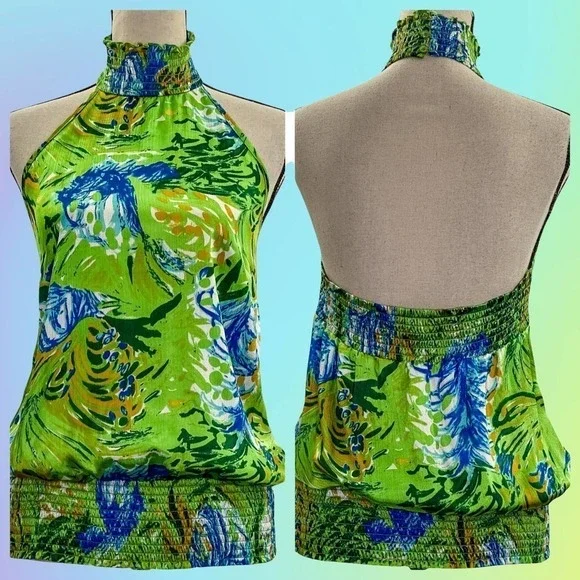 COTTON Express Green Blue Floral Print Open Back Halter Sleeveless Blouse - Picture 10 of 11